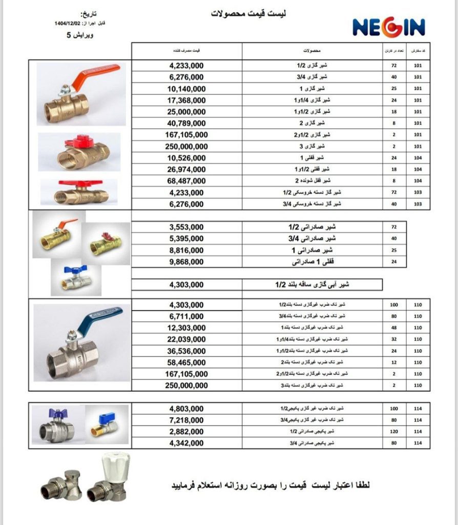 جدول به‌روز قیمت شیرآلات برنجی نگین در تاریخ 1404/12/02 همراه با آخرین نرخ انواع شیرآلات صنعتی و ساختمانی