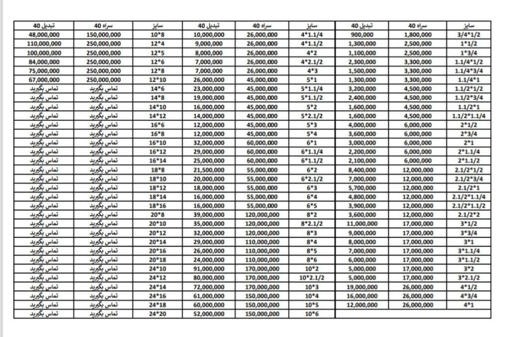 لیست قیمت اتصالات جوشی بنکن رده 40 شامل زانو، سه راه، تبدیل و کپ فولادی در سایزهای مختلف با قیمت روز